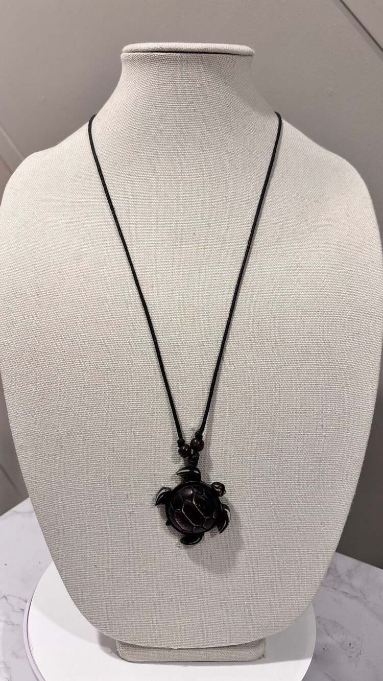 Hand Carved Sea Turtle Pendant Necklace Adjustable Black Cord Tribal Jewelry